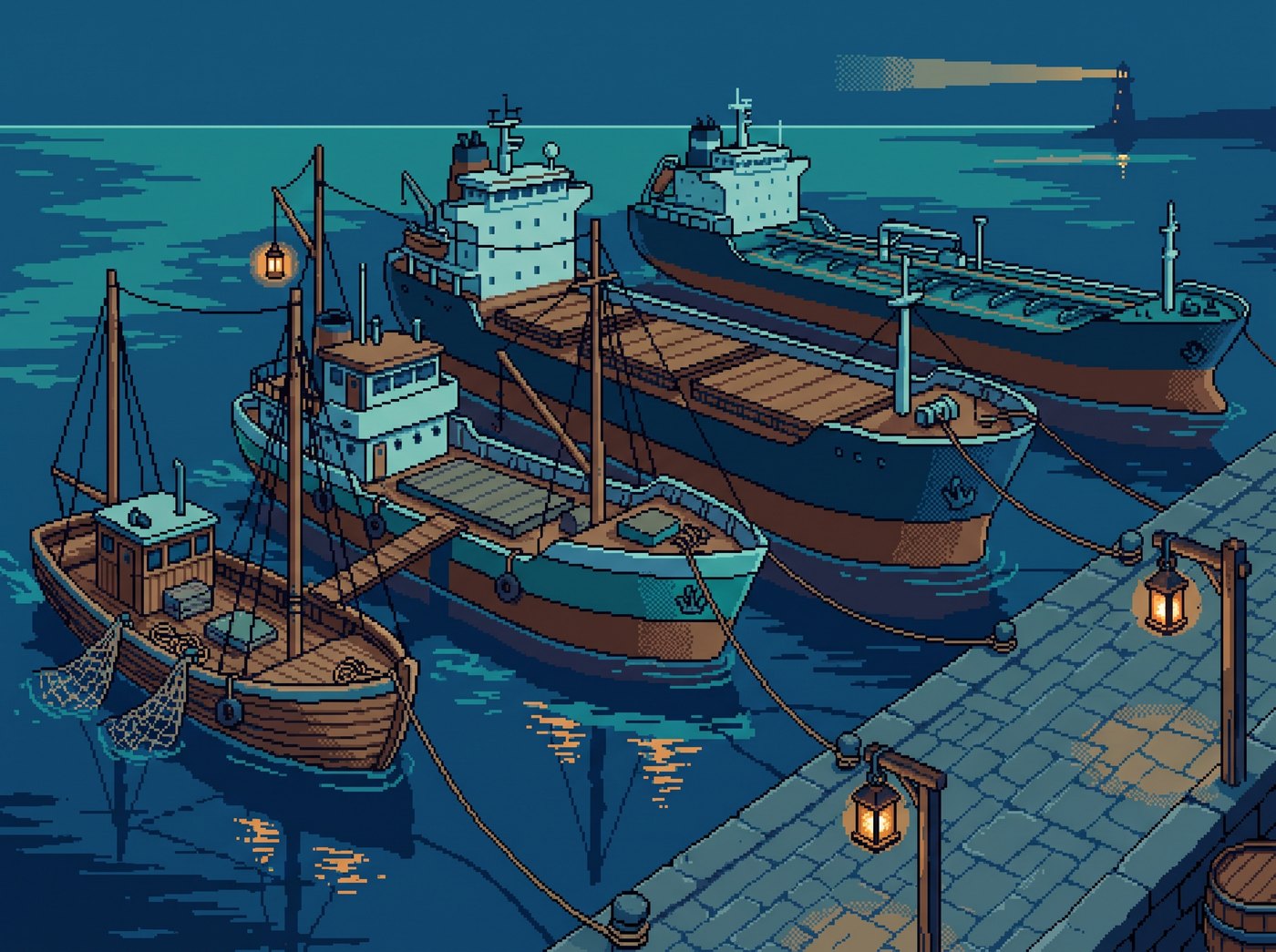 A fleet moored at night