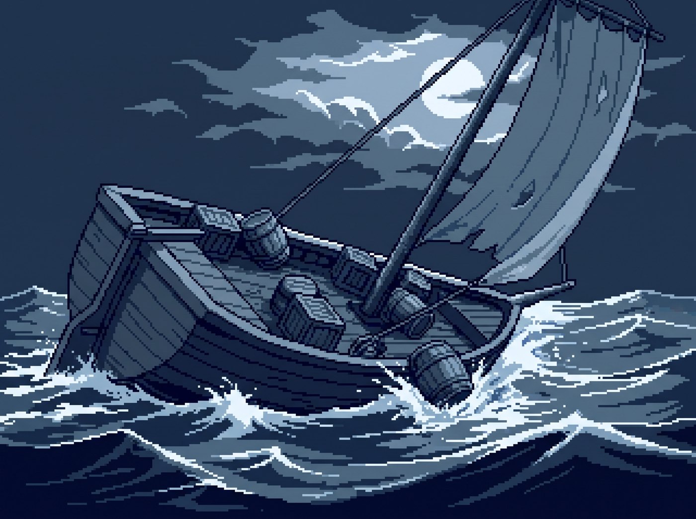 A hull rolling far over at night